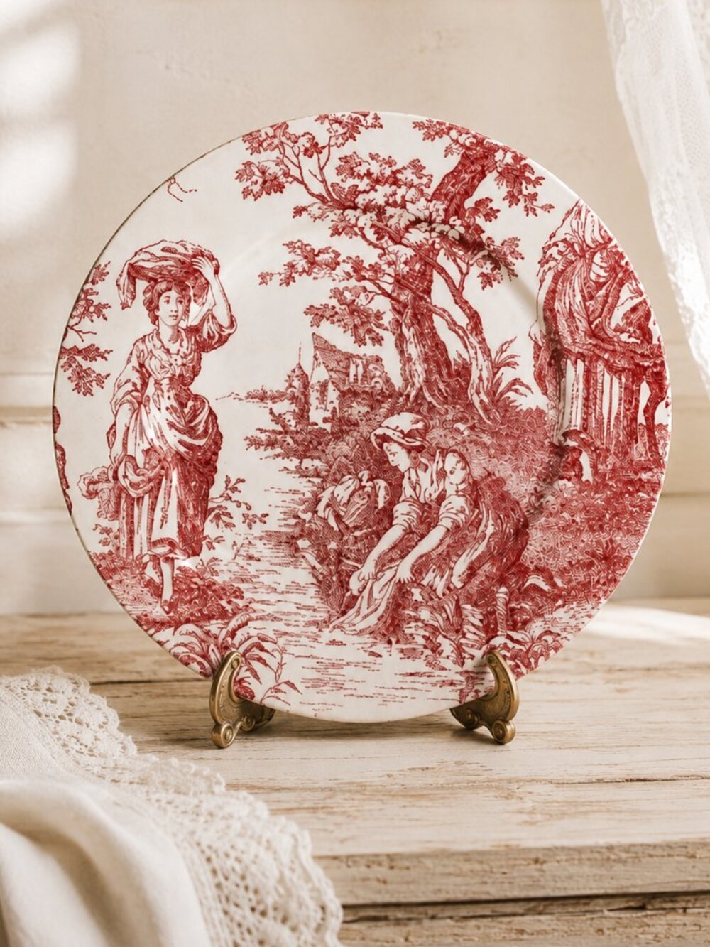 Vintage Red Toile De Jouy Country Life Pastoral Scene Charger Plate
